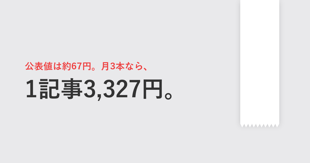 公表値は約67円。月3本なら、1記事3,327円。